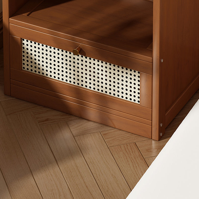 Traditional Japanese Rectangular Bamboo Fiber Board Plastic Rattan Nightstand 1 Drawer For Bedroom