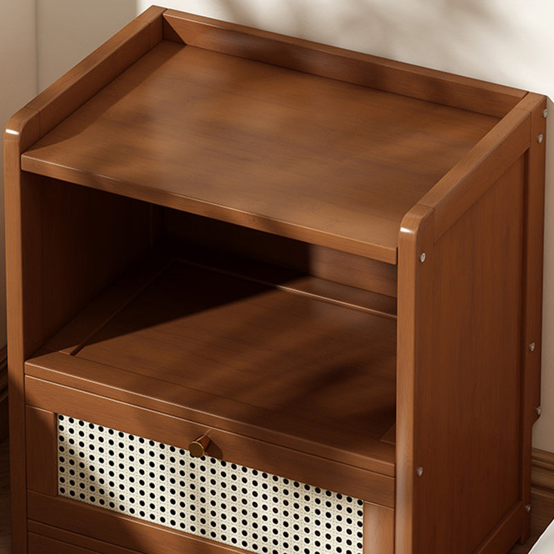 Traditional Japanese Rectangular Bamboo Fiber Board Plastic Rattan Nightstand 1 Drawer For Bedroom