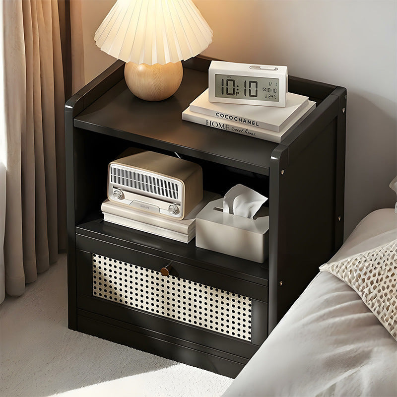 Traditional Japanese Rectangular Bamboo Fiber Board Plastic Rattan Nightstand 1 Drawer For Bedroom