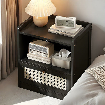 Traditional Japanese Rectangular Bamboo Fiber Board Plastic Rattan Nightstand 1 Drawer For Bedroom
