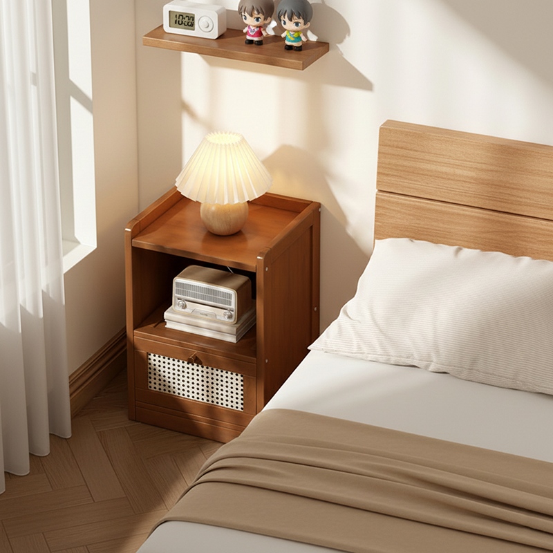 Traditional Japanese Rectangular Bamboo Fiber Board Plastic Rattan Nightstand 1 Drawer For Bedroom