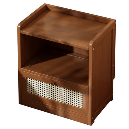 Traditional Japanese Rectangular Bamboo Fiber Board Plastic Rattan Nightstand 1 Drawer For Bedroom