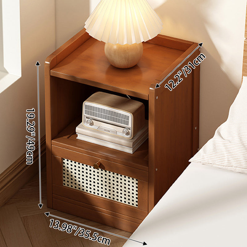 Traditional Japanese Rectangular Bamboo Fiber Board Plastic Rattan Nightstand 1 Drawer For Bedroom