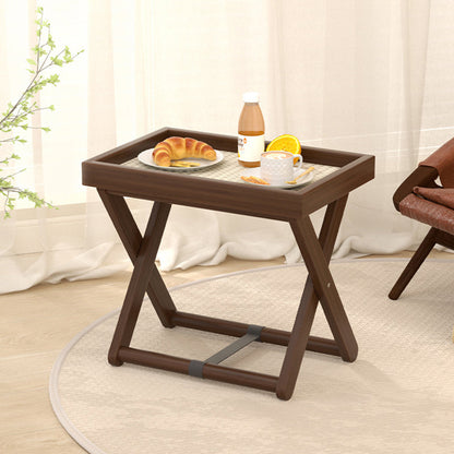 Modern Minimalist Rectangular Bamboo Synthetic Rattan Foldable Side Table 1-Tier For Living Room