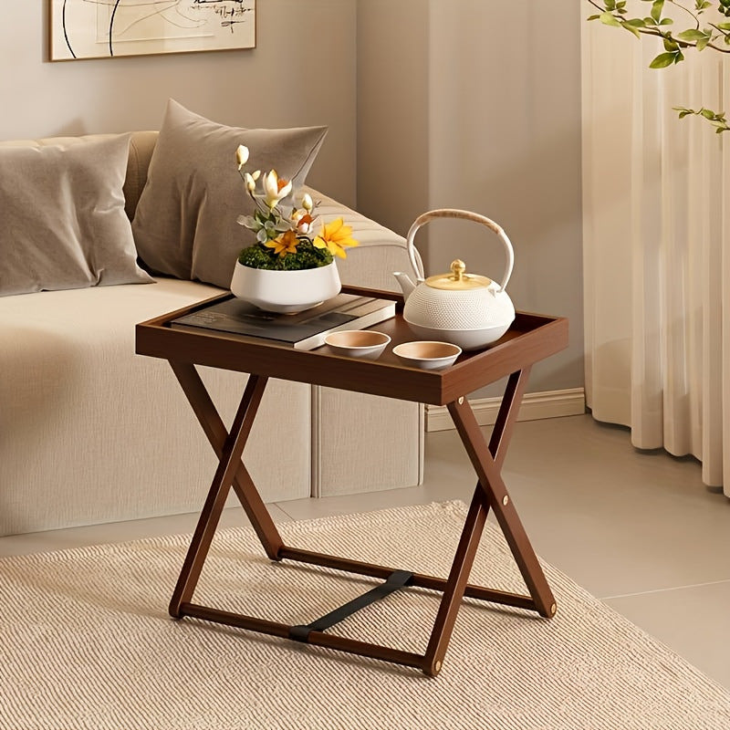Modern Minimalist Rectangular Bamboo Synthetic Rattan Foldable Side Table 1-Tier For Living Room