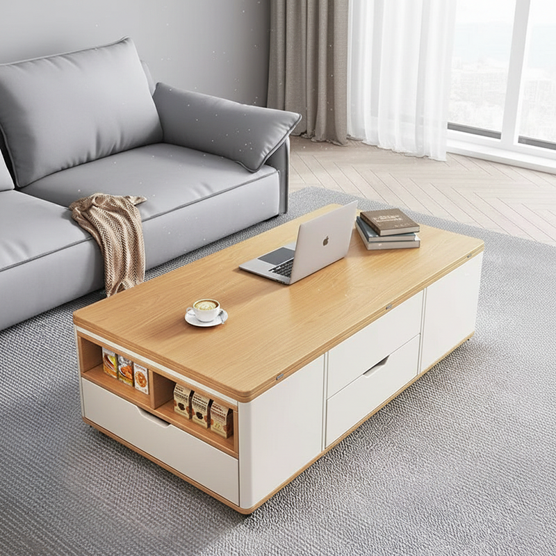 Contemporary Creative Rectangular Foldable Height-Adjustable Slab Stone Solid Wood Eco-Friendly Board Coffee Table 3-Drawer For Living Room