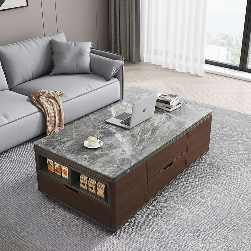 Contemporary Creative Rectangular Foldable Height-Adjustable Slab Stone Solid Wood Eco-Friendly Board Coffee Table 3-Drawer For Living Room