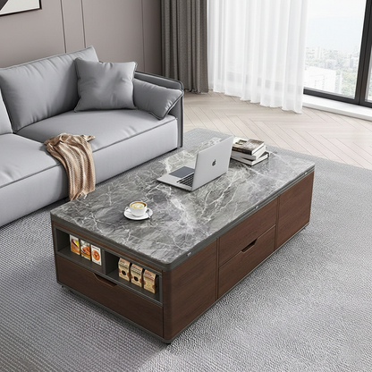 Contemporary Creative Rectangular Foldable Height-Adjustable Slab Stone Solid Wood Eco-Friendly Board Coffee Table 3-Drawer For Living Room
