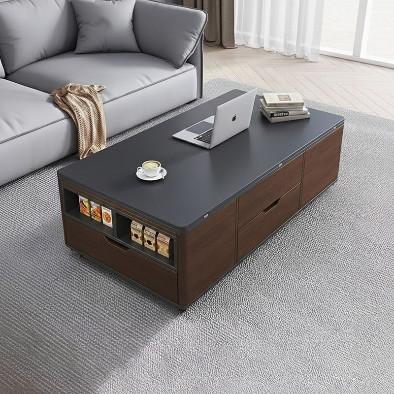 Contemporary Creative Rectangular Foldable Height-Adjustable Slab Stone Solid Wood Eco-Friendly Board Coffee Table 3-Drawer For Living Room
