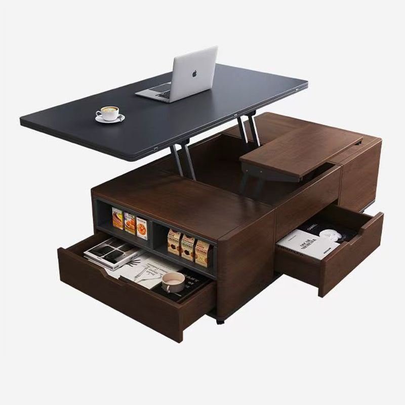 Contemporary Creative Rectangular Foldable Height-Adjustable Slab Stone Solid Wood Eco-Friendly Board Coffee Table 3-Drawer For Living Room