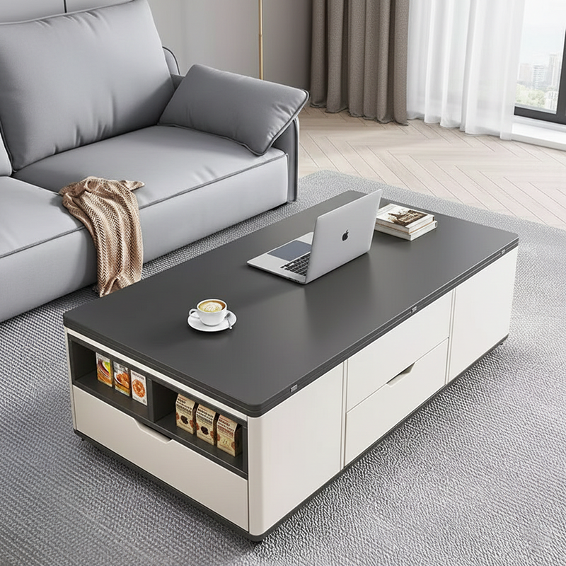 Contemporary Creative Rectangular Foldable Height-Adjustable Slab Stone Solid Wood Eco-Friendly Board Coffee Table 3-Drawer For Living Room
