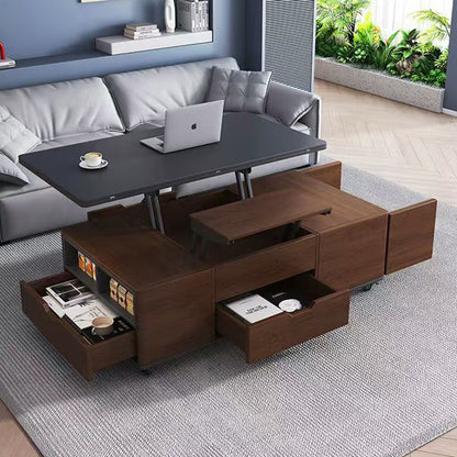 Contemporary Creative Rectangular Foldable Height-Adjustable Slab Stone Solid Wood Eco-Friendly Board Coffee Table 3-Drawer For Living Room
