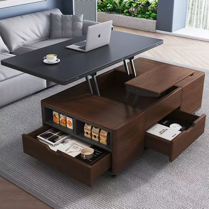 Contemporary Creative Rectangular Foldable Height-Adjustable Slab Stone Solid Wood Eco-Friendly Board Coffee Table 3-Drawer For Living Room