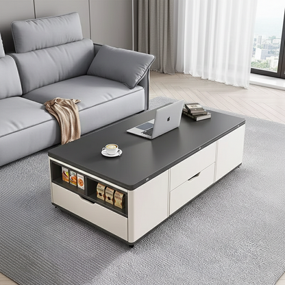 Contemporary Creative Rectangular Foldable Height-Adjustable Slab Stone Solid Wood Eco-Friendly Board Coffee Table 3-Drawer For Living Room