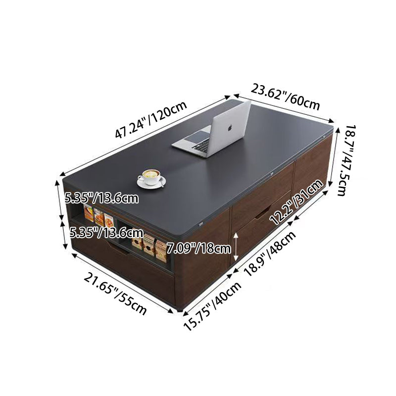 Contemporary Creative Rectangular Foldable Height-Adjustable Slab Stone Solid Wood Eco-Friendly Board Coffee Table 3-Drawer For Living Room