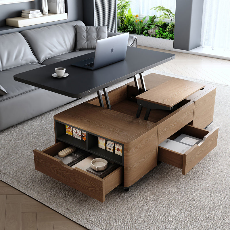 Contemporary Creative Rectangular Foldable Height-Adjustable Slab Stone Solid Wood Eco-Friendly Board Coffee Table 3-Drawer For Living Room