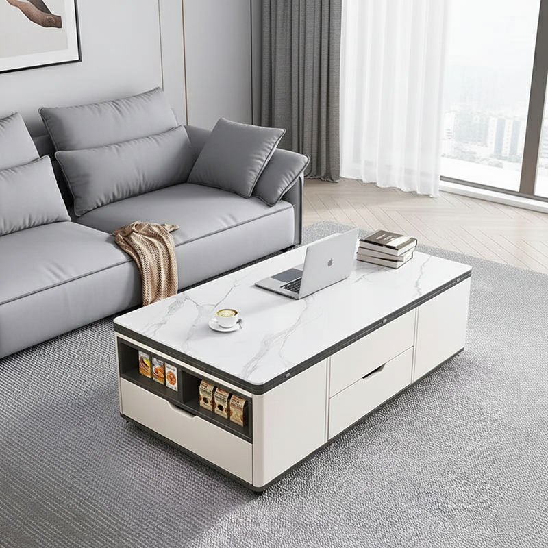 Contemporary Creative Rectangular Foldable Height-Adjustable Slab Stone Solid Wood Eco-Friendly Board Coffee Table 3-Drawer For Living Room