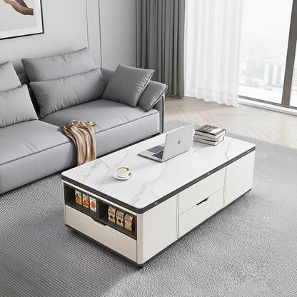 Contemporary Creative Rectangular Foldable Height-Adjustable Slab Stone Solid Wood Eco-Friendly Board Coffee Table 3-Drawer For Living Room
