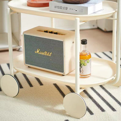 Contemporary Creative Cart-Shaped ABS Carbon Steel Solid Wood Mobile Side Table 2-Tier For Living Room