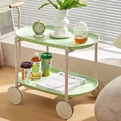 Contemporary Creative Cart-Shaped ABS Carbon Steel Solid Wood Mobile Side Table 2-Tier For Living Room