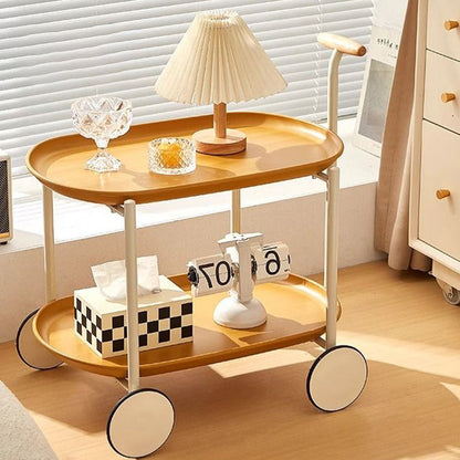 Contemporary Creative Cart-Shaped ABS Carbon Steel Solid Wood Mobile Side Table 2-Tier For Living Room