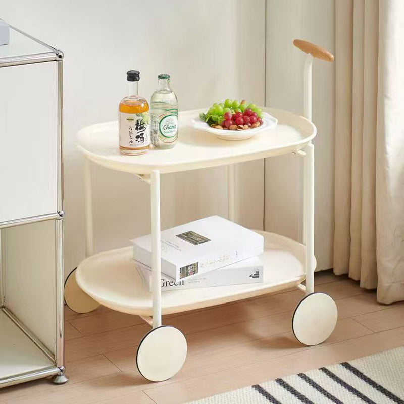 Contemporary Creative Cart-Shaped ABS Carbon Steel Solid Wood Mobile Side Table 2-Tier For Living Room