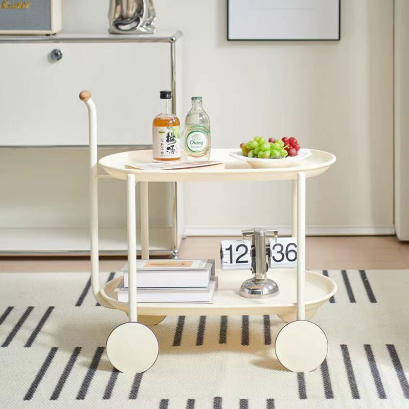 Contemporary Creative Cart-Shaped ABS Carbon Steel Solid Wood Mobile Side Table 2-Tier For Living Room