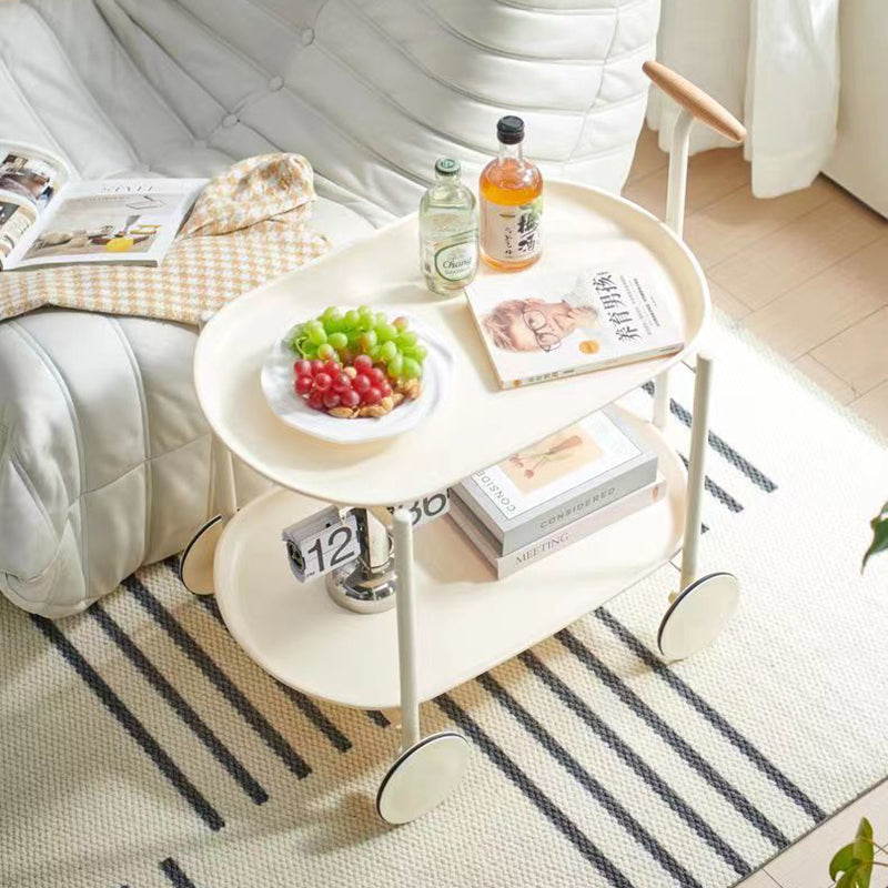 Contemporary Creative Cart-Shaped ABS Carbon Steel Solid Wood Mobile Side Table 2-Tier For Living Room