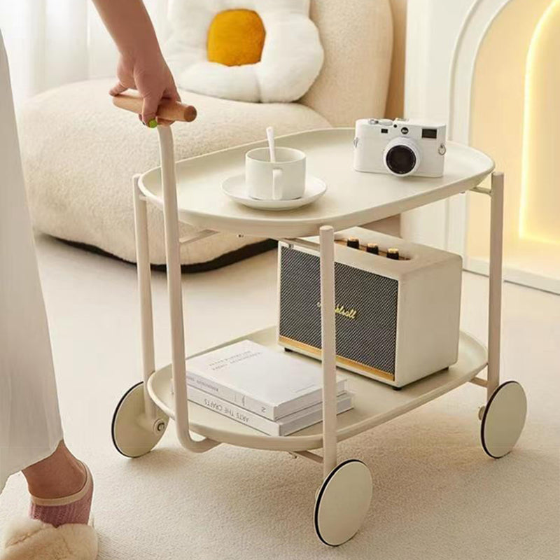 Contemporary Creative Cart-Shaped ABS Carbon Steel Solid Wood Mobile Side Table 2-Tier For Living Room