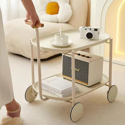 Contemporary Creative Cart-Shaped ABS Carbon Steel Solid Wood Mobile Side Table 2-Tier For Living Room