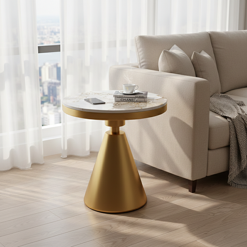 Contemporary Luxury Tapered Round Stone Slab Carbon Steel Coffee Table 1-Tier For Living Room