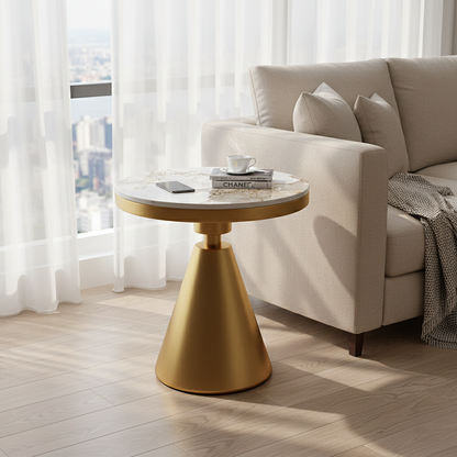 Contemporary Luxury Tapered Round Stone Slab Carbon Steel Coffee Table 1-Tier For Living Room