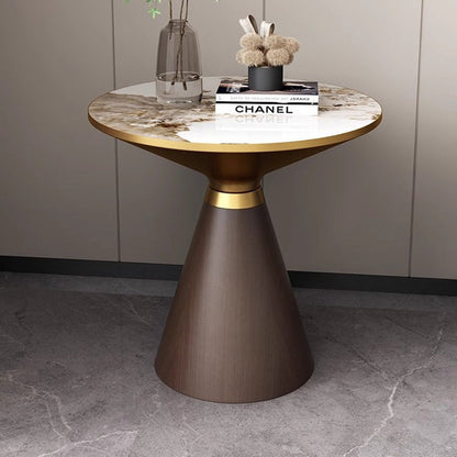 Contemporary Luxury Tapered Round Stone Slab Carbon Steel Coffee Table 1-Tier For Living Room