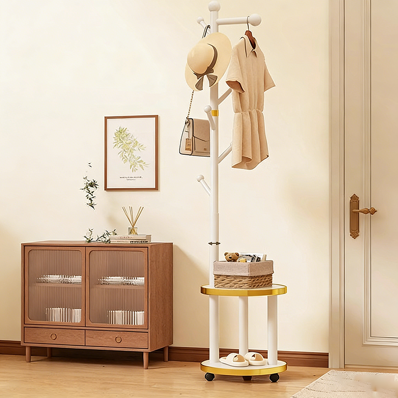 Modern Minimalist Cylindrical Tree Branch Pine Wood Medium Density Fiberboard Movable Hall Tree 2-Tier For Bedroom & Entryways
