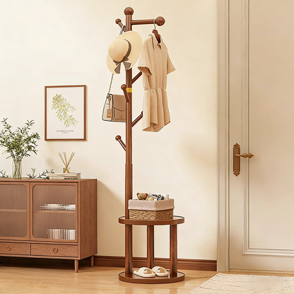Modern Minimalist Cylindrical Tree Branch Pine Wood Medium Density Fiberboard Movable Hall Tree 2-Tier For Bedroom & Entryways