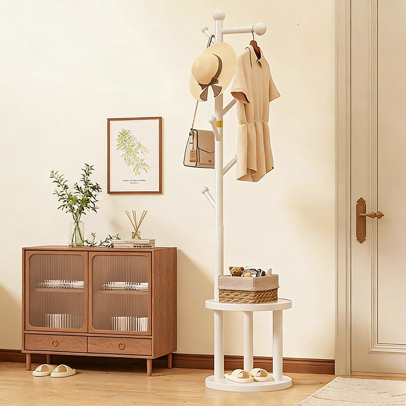 Modern Minimalist Cylindrical Tree Branch Pine Wood Medium Density Fiberboard Movable Hall Tree 2-Tier For Bedroom & Entryways