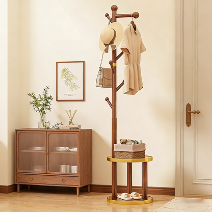 Modern Minimalist Cylindrical Tree Branch Pine Wood Medium Density Fiberboard Movable Hall Tree 2-Tier For Bedroom & Entryways