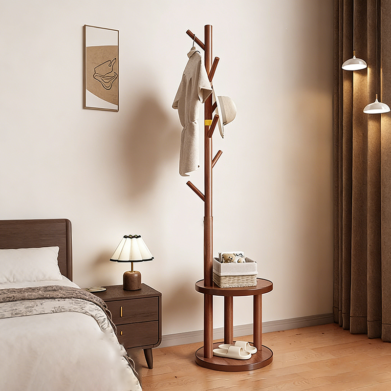 Modern Minimalist Cylindrical Tree Branch Pine Wood Medium Density Fiberboard Movable Hall Tree 2-Tier For Bedroom & Entryways