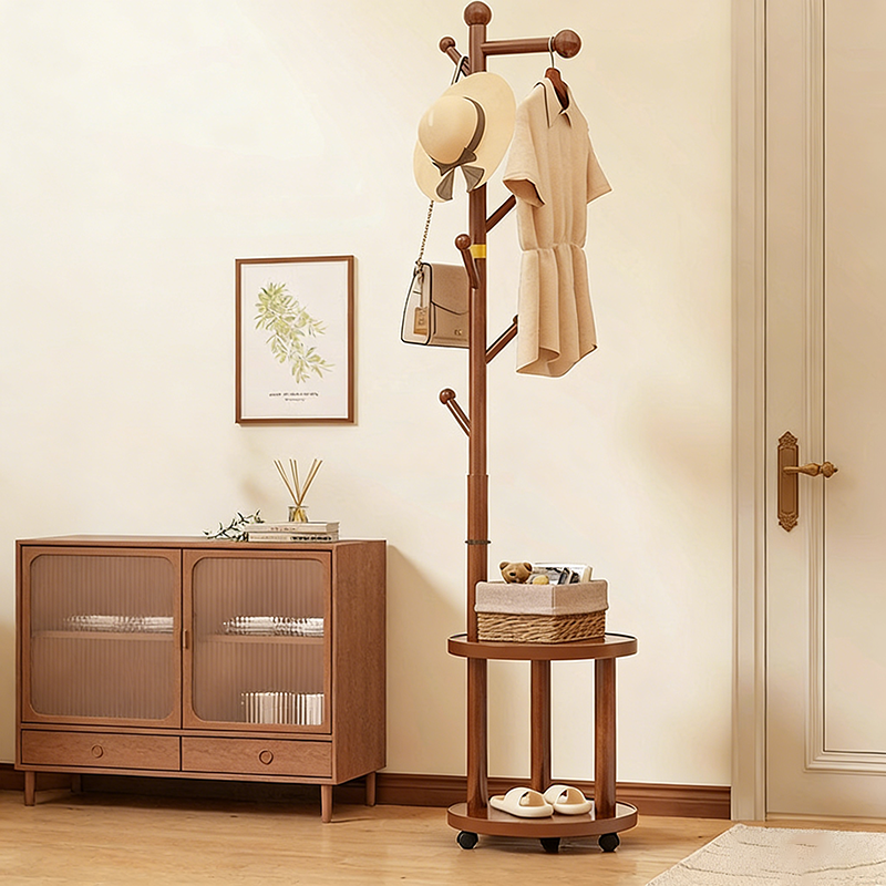 Modern Minimalist Cylindrical Tree Branch Pine Wood Medium Density Fiberboard Movable Hall Tree 2-Tier For Bedroom & Entryways