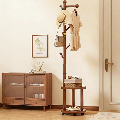Modern Minimalist Cylindrical Tree Branch Pine Wood Medium Density Fiberboard Movable Hall Tree 2-Tier For Bedroom & Entryways