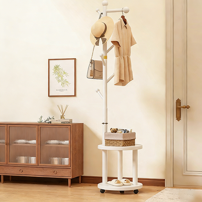Modern Minimalist Cylindrical Tree Branch Pine Wood Medium Density Fiberboard Movable Hall Tree 2-Tier For Bedroom & Entryways