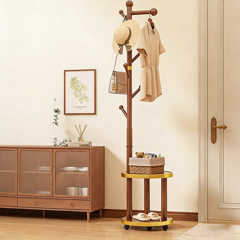 Modern Minimalist Cylindrical Tree Branch Pine Wood Medium Density Fiberboard Movable Hall Tree 2-Tier For Bedroom & Entryways