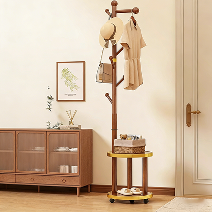 Modern Minimalist Cylindrical Tree Branch Pine Wood Medium Density Fiberboard Movable Hall Tree 2-Tier For Bedroom & Entryways