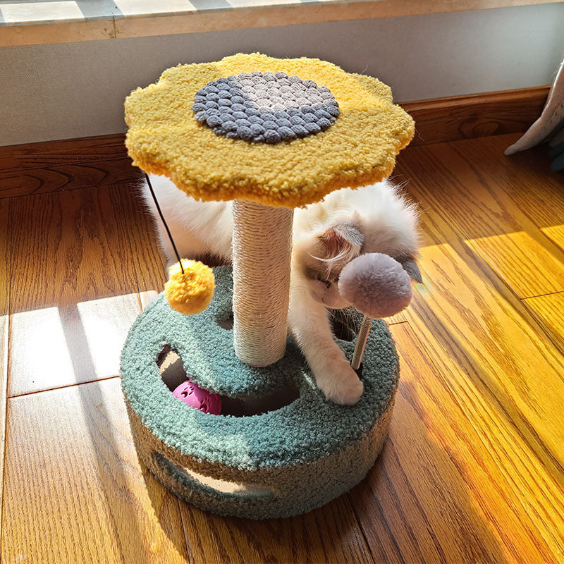 Contemporary Creative Floral-Shaped Cylindrical Particleboard Sisal Rope Teddy Plush Rotatable Cat Tree For Bedroom