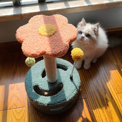 Contemporary Creative Floral-Shaped Cylindrical Particleboard Sisal Rope Teddy Plush Rotatable Cat Tree For Bedroom
