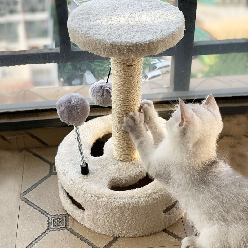 Contemporary Creative Floral-Shaped Cylindrical Particleboard Sisal Rope Teddy Plush Rotatable Cat Tree For Bedroom