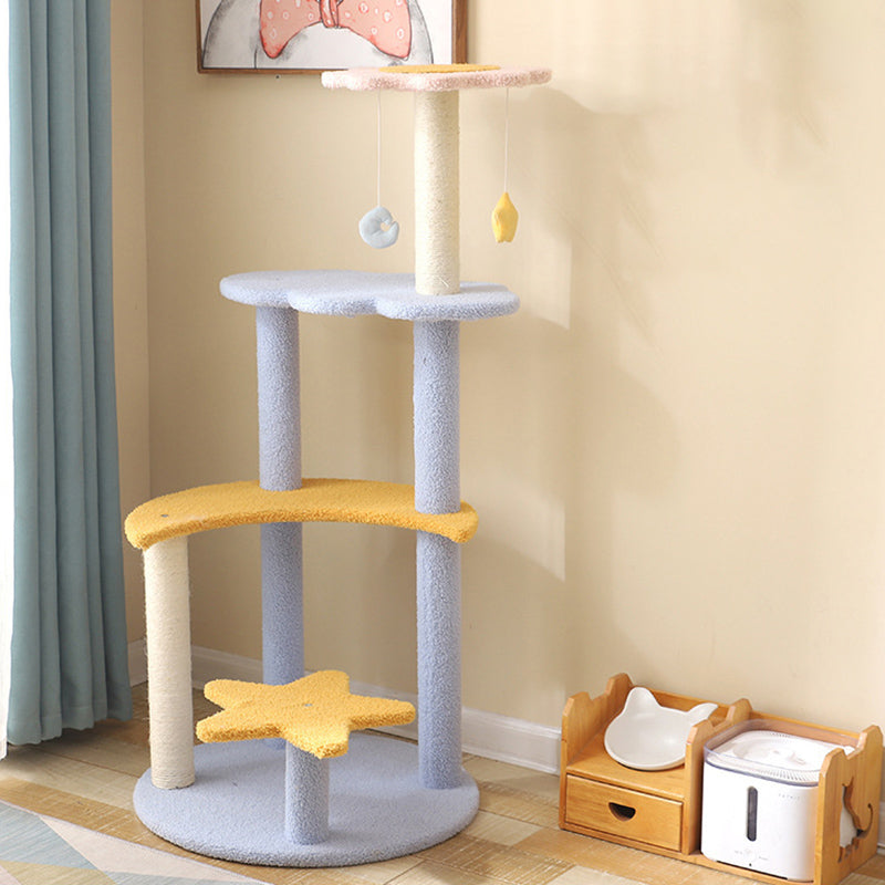 Contemporary Creative Cylindrical Star & Moon Design Teddy Plush Medium Density Fiberboard Hemp Rope Cat Tree For Bedroom