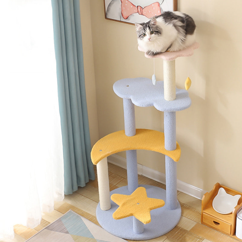 Contemporary Creative Cylindrical Star & Moon Design Teddy Plush Medium Density Fiberboard Hemp Rope Cat Tree For Bedroom