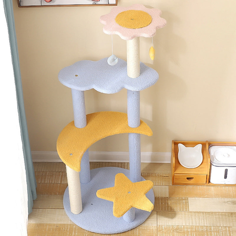 Contemporary Creative Cylindrical Star & Moon Design Teddy Plush Medium Density Fiberboard Hemp Rope Cat Tree For Bedroom