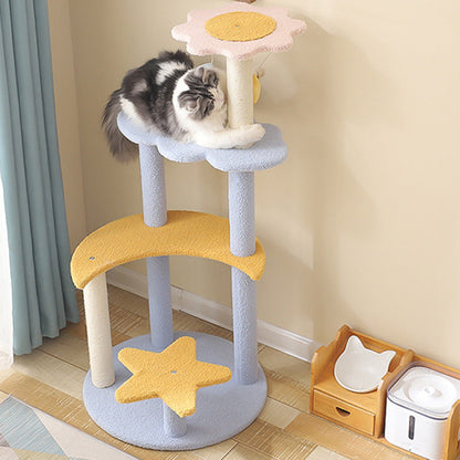 Contemporary Creative Cylindrical Star & Moon Design Teddy Plush Medium Density Fiberboard Hemp Rope Cat Tree For Bedroom